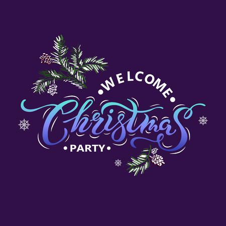 Welcome Christmas party vector illustration. Handwritten lettering Christmas. Calligraphic design for Merry Christmas greeting card, postcard, sticker, web, invitation, patch.のイラスト素材