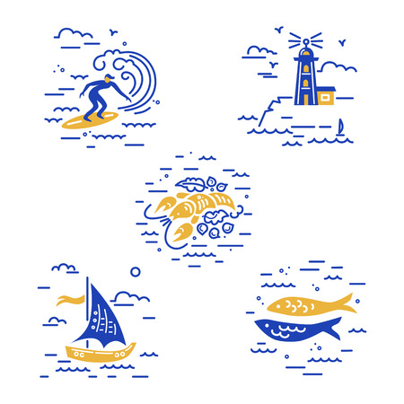 Sea vacation symbols vector set with surfing, lighthouse, lobster, sailboat and fishes. Travel concept.のイラスト素材