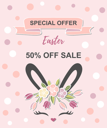 Vector illustration with cute rabbit, bunny ears, smiling eyes, floral wreath. Template for Happy Easter Sale.のイラスト素材