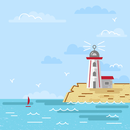 Summer sea landscape with Lighthouse on the island. Flat and line style vector illustration. Travel concept. Hello summer card.のイラスト素材