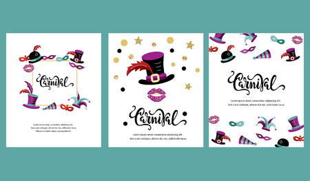 Vector illustration with carnival and celebratory objects. Handwritten lettering Carnival. Template for carnival, invitation, poster, ticket, flayer, funfair. Flat styleのイラスト素材