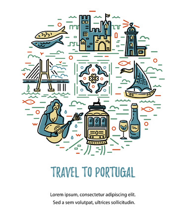 Circle with Portugal symbols. Vector illustration. Flat and line style.のイラスト素材