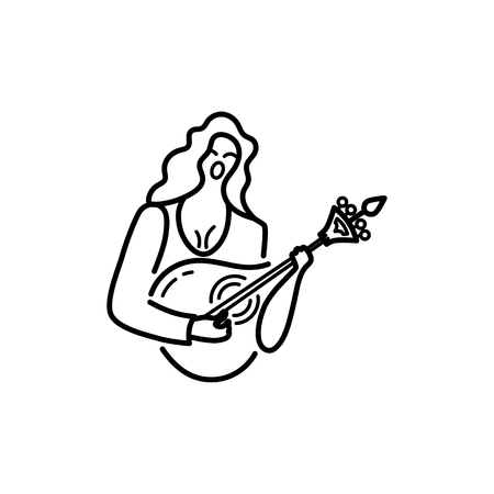 Woman with guitar is singing a song. Vector logo design. Portuguese sad song Fado. Line style vector illustration.のイラスト素材