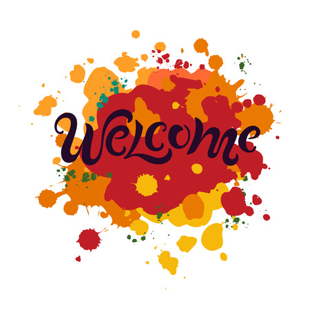 Handwriting lettering Welcome isolated on background. Vector illustration Welcome for greeting card, badge, banner, invitation, tag, web, colors festival.のイラスト素材