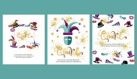 Vector illustration with carnival and celebratory objects. Handwritten lettering Carnival. Template for carnival, invitation, poster, ticket, flayer, funfair. Flat styleのイラスト素材