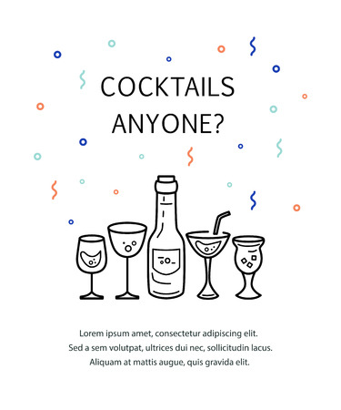 Vector illustration with cocktail glasses. Template for bar menu, party, alcohol drinks, holidays, flyer, brochure, poster, banner. Outline style vector illustrationのイラスト素材