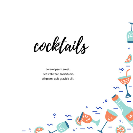 Vector illustration with cocktail glasses. Template for bar menu, party, alcohol drinks, holidays, flyer, brochure, poster, banner. Flat style vector illustrationのイラスト素材