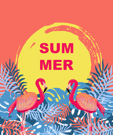 Sunset or sunrise with pink flamingo and exotic leaves. Tropical summer. Place for your text. Vector illustration for party, invitation, flyer, poster, banner, web.のイラスト素材