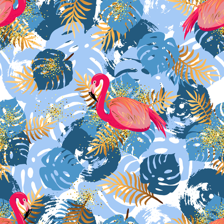 Seamless pattern with pink flamingo and tropical leaves. Vector illustration.のイラスト素材