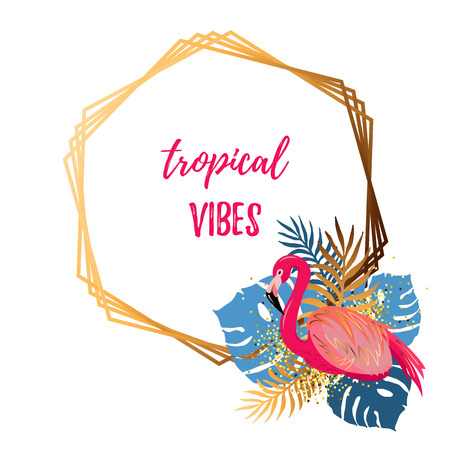 Golden frame with pink flamingo and tropical leaves isolated on white background. Tropical vibes. Place for your text. Vector illustration for party, invitation, flyer, poster, banner, web, wedding.のイラスト素材