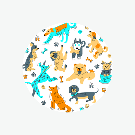 Circle shape with hand drawn sketch style dogs. Flat and line style vector illustration isolated on background.のイラスト素材