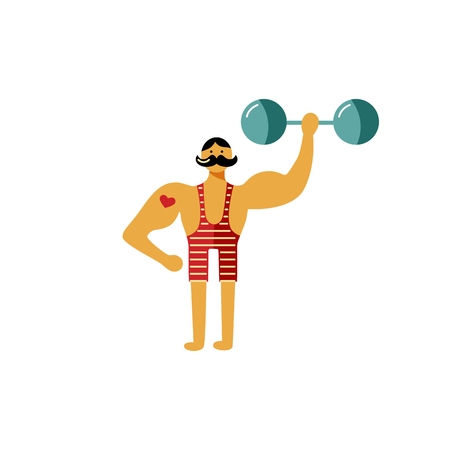 Circus strong man. Circus performancer vector illustration isolated on white background. Flat style design element.のイラスト素材