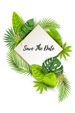 Save the Date. Green summer tropical background with exotic leaves, paper sheet with golden frame. Place for text. Vector illustration for flyer, party invitation, ecological concept, wedding, web.のイラスト素材