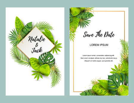 Wedding invitation set with exotic leaves. Vector illustration tropical template. Place for text. Great for flyer, party invitation, ecological concept, wedding, web. Save the date card.のイラスト素材