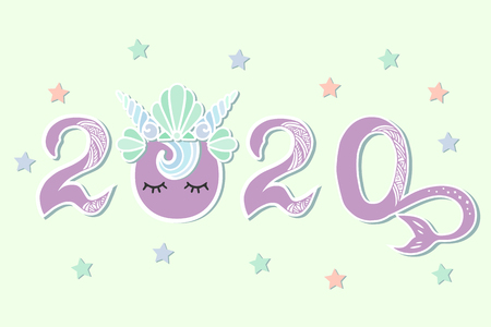 Vector illustration 2020 with Merimaid's Sea Shell Crown and tail as Happy New Year postcard, party invitation, postcard motive, Merry Christmas card.のイラスト素材
