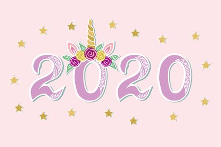 Vector Illustration with 2020 and Unicorn Tiara as Happy New Year postcard, party invitation, postcard motive, Merry Christmas card.のイラスト素材