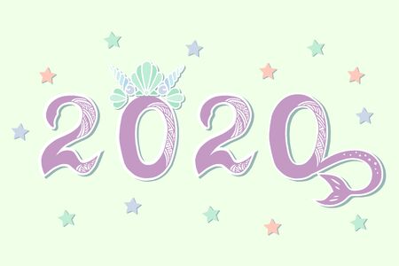 Vector illustration 2020 with Merimaid's Sea Shell Crown and tail as Happy New Year postcard, party invitation, postcard motive, Merry Christmas card.のイラスト素材