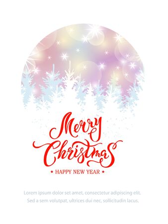 Merry Christmas card with new year trees. Place for text. Handwriting lettering Merry Christmas. Vector illustration for winter holiday, invitation, greeting card, poster, web, banner. Circle conceptのイラスト素材