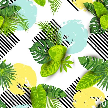 Seamless pattern with tropical leaves, hand drawn circles and black stripes. Vector illustration.のイラスト素材