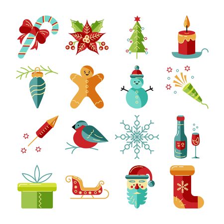 Merry Christmas and Happy New Year icons set Santa Claus, snowman, christmas tree, gift box. Vector illustration isolated on white background. Flat and line style vector illustration.のイラスト素材