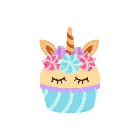 Unicorn cupcake illustration isolated on white background. Great for greeting card, party invitation, sticker, patch, t-shirt design, poster.のイラスト素材
