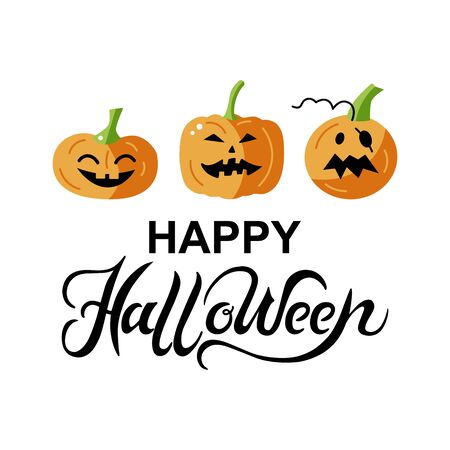 Happy Halloween card with pumpkins on white background. Handwriting lettering Halloween. Flat style illustration. Great for banner, party invitation, flyer, greeting card.のイラスト素材