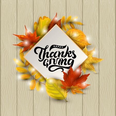 Happy Thanksgiving hand drawn lettering on wood background with falling leaves. Place for text. Great for party invitation, sale, web, fall festival, poster.のイラスト素材