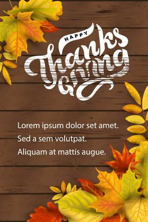 Happy Thanksgiving hand drawn lettering on dark wood background with falling leaves. Place for text. Great for party invitation, sale, web, fall festival, poster.のイラスト素材