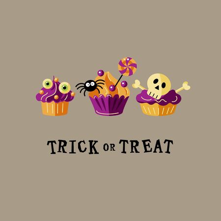Trick or treat. Halloween card, funny cupcakes with sugar skull, eyes, spider.のイラスト素材
