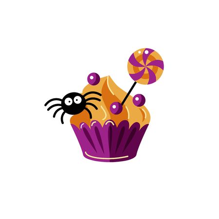 Funny cupcake with spider illustration isolated on white background. Great for Halloween greeting card, party invitation, sticker, patch, t-shirt design, poster. Flat style design.のイラスト素材