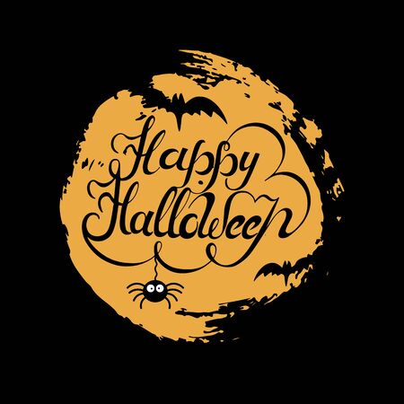 Happy Halloween hand drawn lettering with moon, bats and spider.のイラスト素材