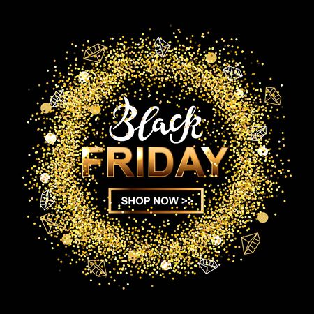 Black Friday sale with golden frame. Hand drawn Black. Great for flyer, poster, web, banner.のイラスト素材
