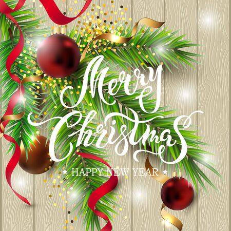 Merry Christmas and Happy New Year card. Festive background with new year tree branch, red and golden balls, streamer. Hand drawn lettering Merry Christmas.のイラスト素材