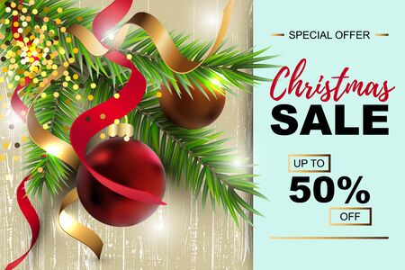 Christmas sale banner with fir-tree, red and gold balls on wood background with paper sheet. Place for text. Great for christmas fair, poster, invitation, flyer, greeting card.のイラスト素材