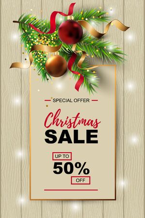 Christmas sale banner with fir-tree, red and gold balls on wood background with paper sheet.のイラスト素材