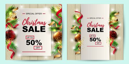 Christmas sale banner set with fir-tree, red and gold balls on wood background with paper sheet. Place for text. Great for christmas fair, poster, invitation, flyer, greeting card. Vector illustrationのイラスト素材