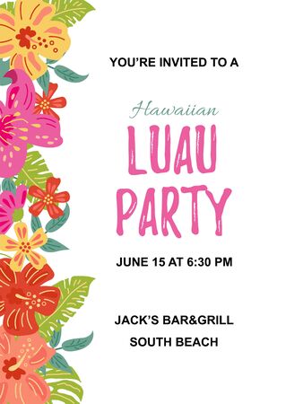 Jungle flowers and exotic leaves. Hawaiian Luau party invitation vector illustration. Hand drawn sketch style. Place for text. Seasonal template for vacation, poster, banner, flyer. Flat style design.のイラスト素材