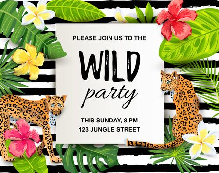 Leopards with tropical leaves, flowers, wild party invitation. Place for text. Vector illustration for flyer, birthday, tropical party, banner.のイラスト素材