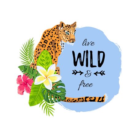Leopard with tropical leaves, plumeria, hibiscus. Live wild and free. Place for text. Design for flyer, poster, t-shirt print, invites, sticker, flyer, sale. Vector illustration on white backgroundのイラスト素材