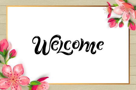 Spring backdrop with blossom sakura, cherry flowers. Handwritten lettering Welcome. Place for text. Great for oriental ivite, flyer, beauty offer, wedding, bridal shower, poster, Mother and Woman dayのイラスト素材