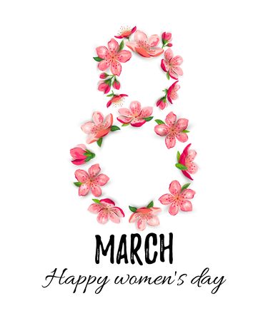 8 March, Happy Women's day card with blossom sakura, cherry flowers. Vector illustration.のイラスト素材