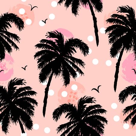 Seamless pattern with black palm trees on pink background. Vector illustration.のイラスト素材