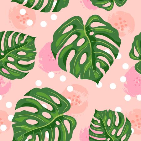 Seamless pattern with tropical leaves monstera on pink background. Vector illustration.のイラスト素材