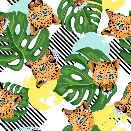 Seamless pattern with leopards, tropical monstera leaves and hand drawn style rounds and stripes. Vector illustration.のイラスト素材