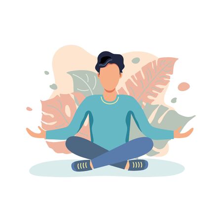 Person is sitting in a meditative pose. Great for relax, recreation, yoga. Keep balance concept. Flat style design. Vector illustration isolated on white background.のイラスト素材