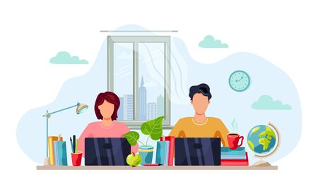 Online education, home learning, home activity concept. Students are doing homework on laptop. Vector illustration isolated on white background. Flat cartoon style design.のイラスト素材