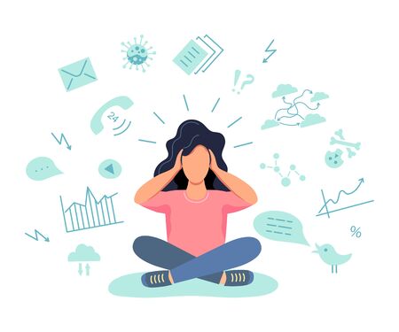 Female gets too much information. Information and data overload concept. Digital information overload. Flat cartoon design styles vector illustration.のイラスト素材