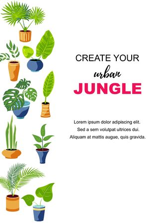 Backdrop with exotic potted plants for home gardening, urban jungle, house plant concept. Place for text. Great for banner, poster, flyer, flower shop. Vector illustration.のイラスト素材