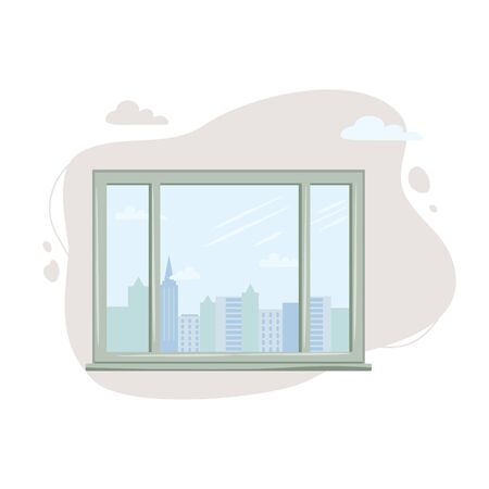City view window. Great for home and office interior. Vector illustration. Flat style design.のイラスト素材