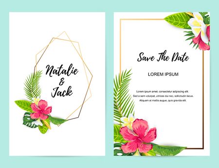 Invitations with tropical flowers, jungle leaves. Vector illustration summer templates. Place for text. Great for wedding, SPA flyer, beauty offer, poster, baby shower, bridal shower, tropical party.のイラスト素材